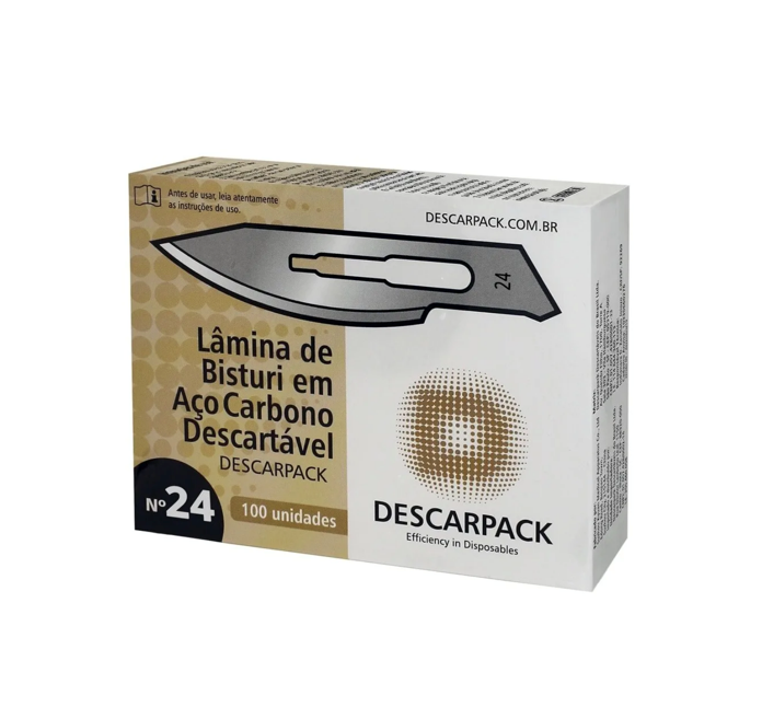 Lâmina de bisturi Número 24 - aço carbono - esterilizada - 100 lâminas - DESCARPACK