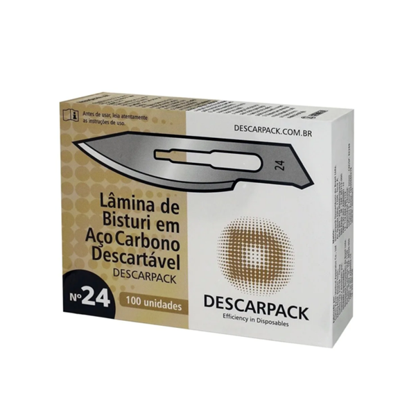 Lâmina de bisturi Número 24 - aço carbono - esterilizada - 100 lâminas - DESCARPACK