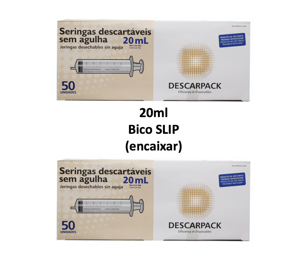 Seringa 20ml sem agulha - Bico SLIP (encaixar) - 100 Seringas - DESCARPACK
