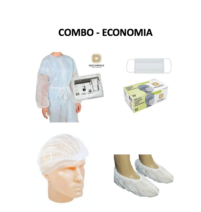 Máscara (150x) + Touca (200x) + Propé (200x) + Avental (20x) - Combo Econômico - DESCARPACK