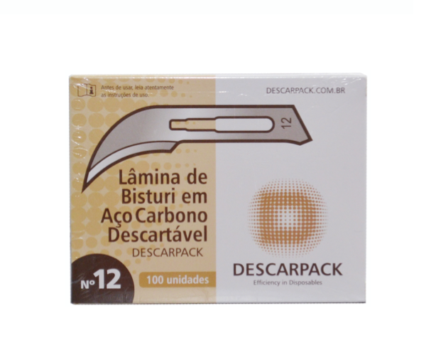 Lâmina de bisturi Número 12 - aço carbono - esterilizada - 100 lâminas - DESCARPACK