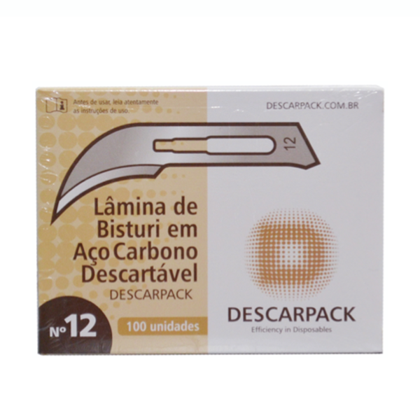 Lâmina de bisturi Número 12 - aço carbono - esterilizada - 100 lâminas - DESCARPACK