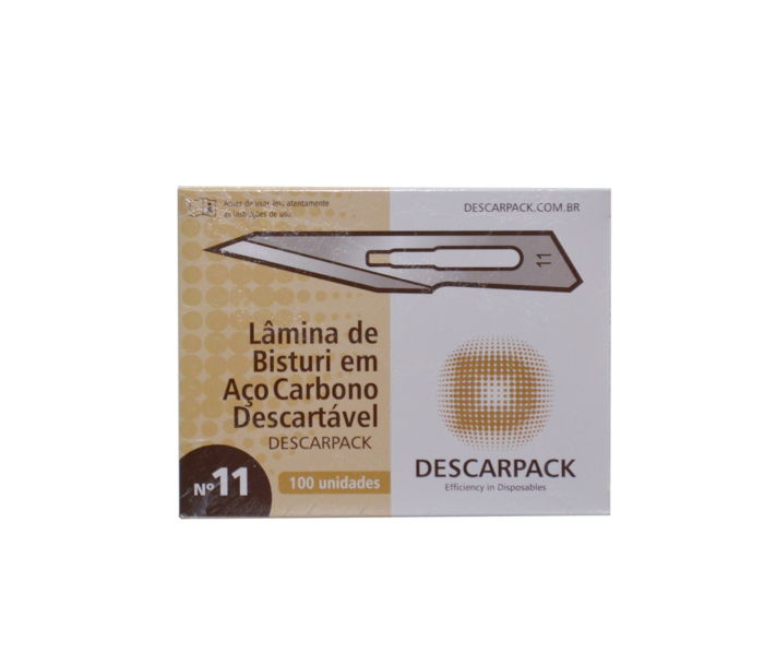 Lâmina de bisturi Número 11 - aço carbono - esterilizada - 100 lâminas - DESCARPACK