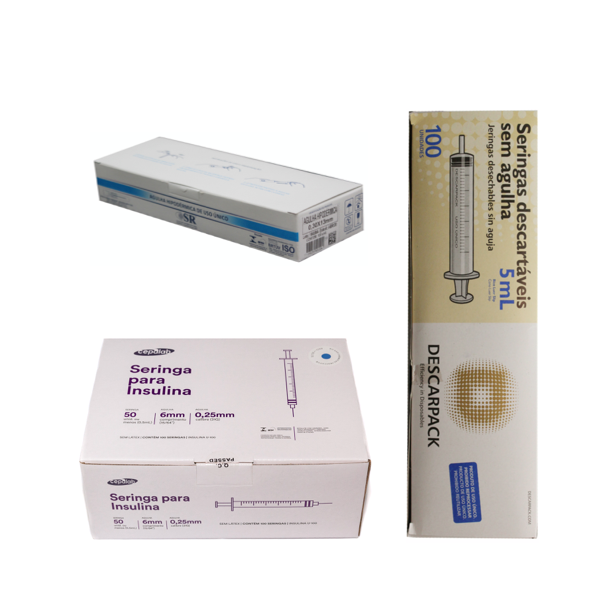 Seringa 0,5ml (50ui) 6mm x 0,25mm (100x) + 5ml sem agulha SLIP (100x) + Agulha 30G 13mm (100x)
