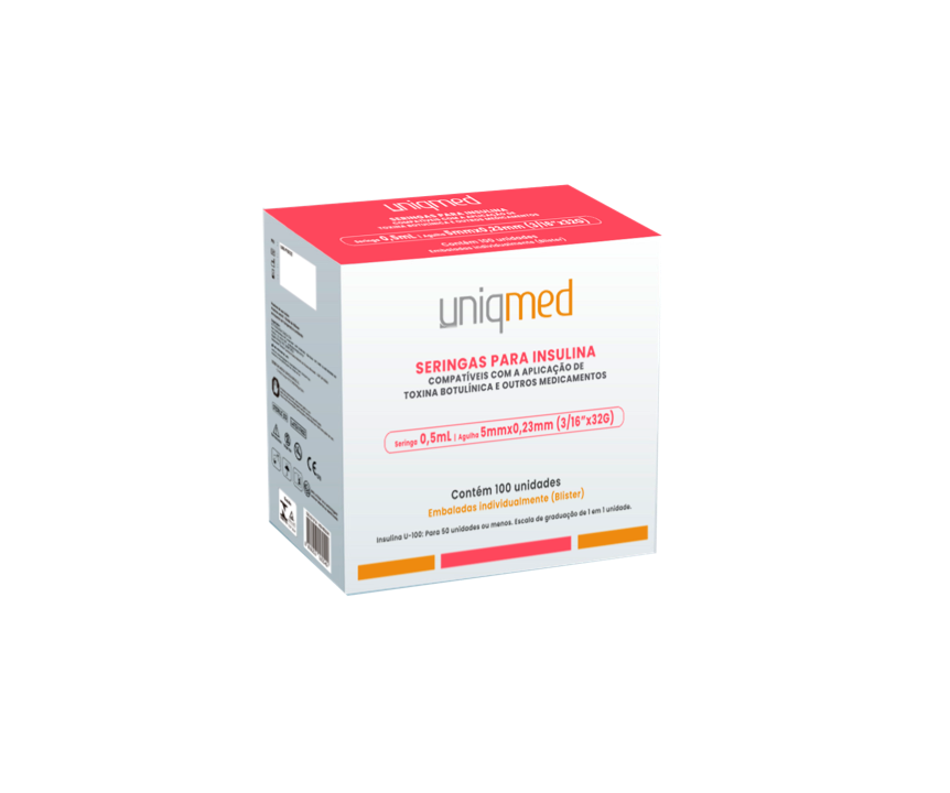 Seringa Insulina 0,5ml 5mm x 0,23mm 32g (50ui) - 100 Seringas - UNIQMED