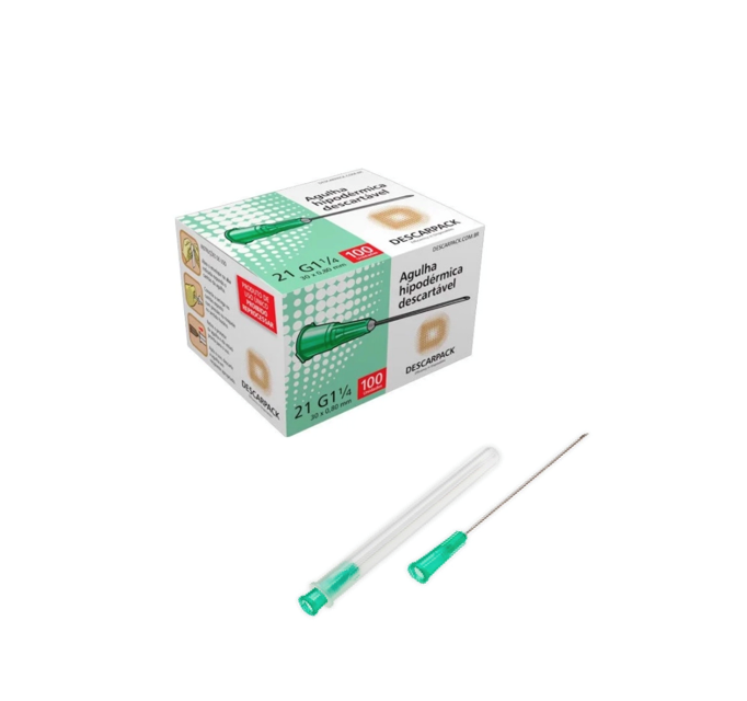Agulha 21G 1 - 30mm x 0,80mm - 100 agulhas (canhão verde) - DESCARPACK