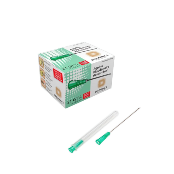 Agulha 21G 1 - 30mm x 0,80mm - 100 agulhas (canhão verde) - DESCARPACK