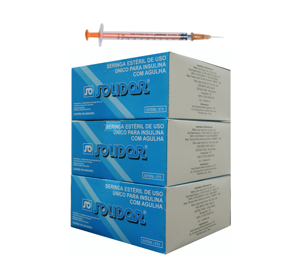 Seringa Botox - 1ml 13mm X 0,45mm (100ui) Resíduo Zero Agulha removível - 300 Seringas - SOLIDOR