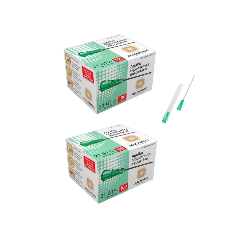 Agulha 21G 1 - 30mm x 0,80mm - 200 agulhas (canhão verde) - DESCARPACK