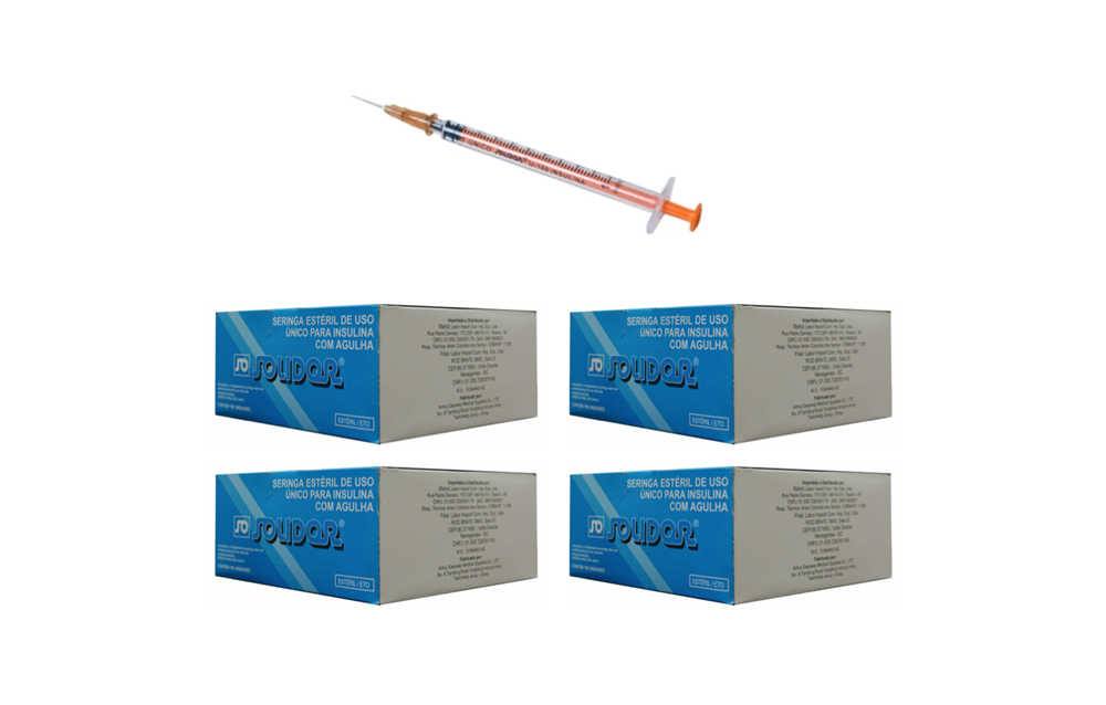 Seringa Insulina 1ml 13mm X 0,45mm (100ui) - Resíduo Zero - 400 Seringas - SOLIDOR