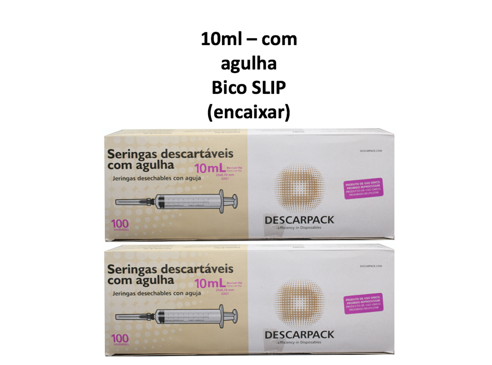 Seringa 10ml com agulha - Bico SLIP (encaixar) - 200 Seringas - DESCARPACK