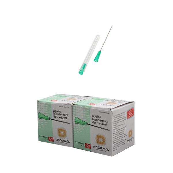 Agulha 21G 1 - 25mm x 0,80mm - 200 agulhas (canhão verde) - DESCARPACK