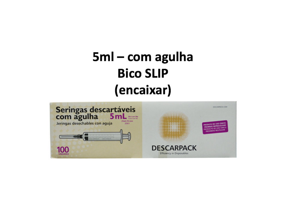 Seringa 5ml com agulha - Bico SLIP (encaixar) - 100 Seringas - DESCARPACK