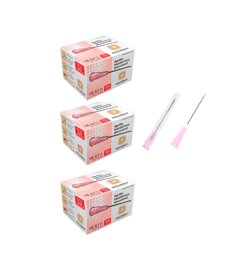 Agulha 18G - 40mm x 1,2mm - 300 agulhas (canhão rosa) - DESCARPACK