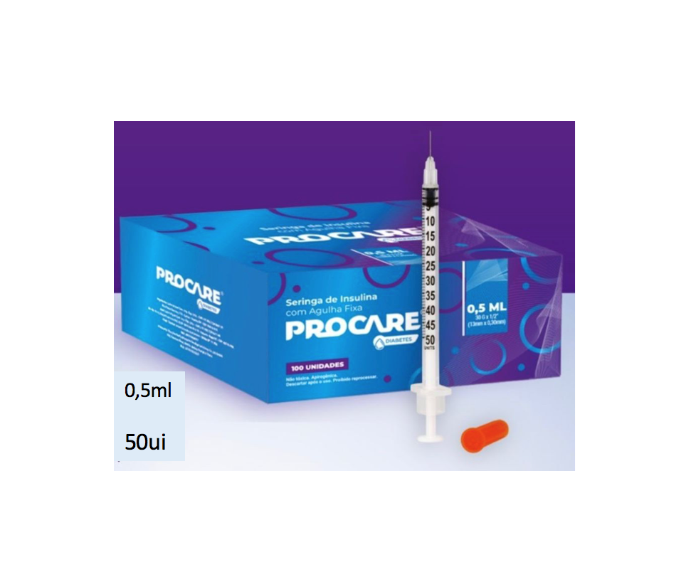 Seringa Insulina 0,5ml 6mm X 0,25mm Ultrafina (50ui) - PROCARE