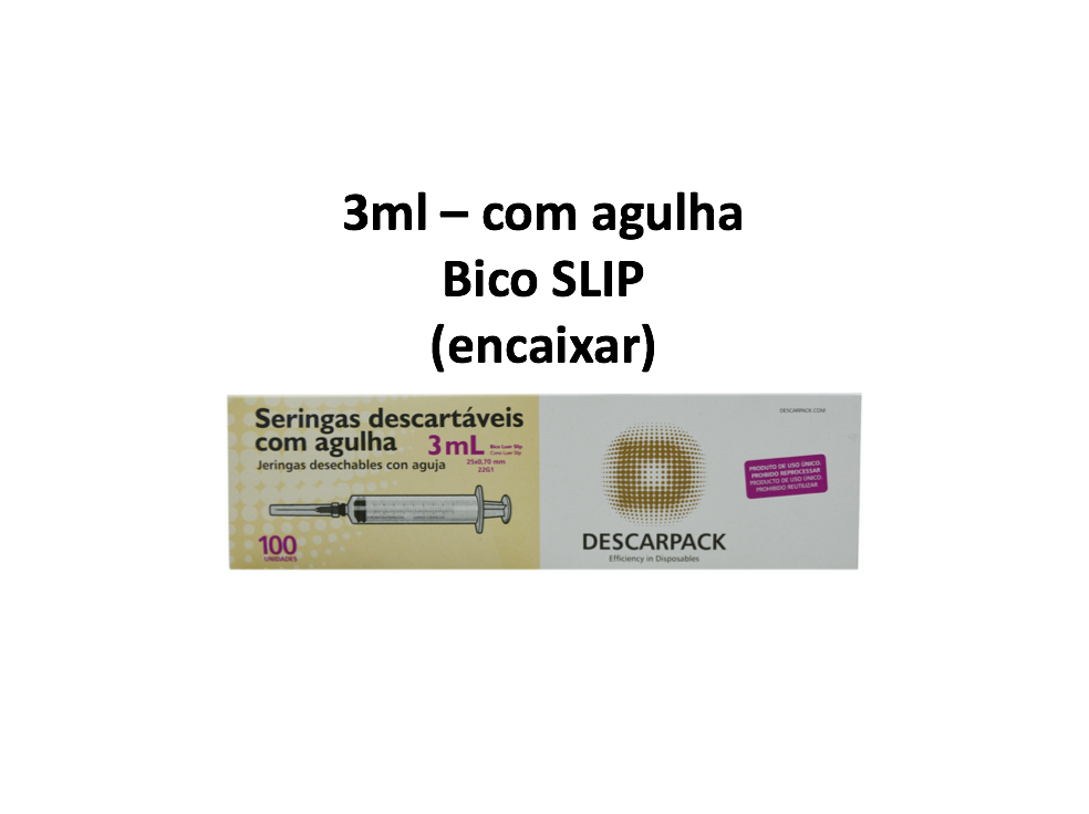Seringa 3ml com agulha - Bico SLIP (encaixar) - 100 Seringas - DESCARPACK