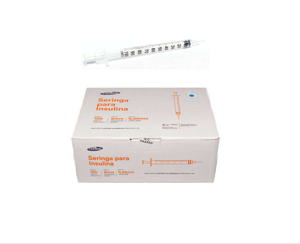 Seringa Para Diabete (idoso - pele sensível) 1ml 6mm X 0,25mm Ultrafina (100ui) - CEPALAB