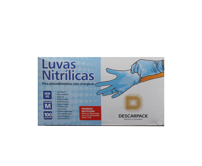 Luva nitrílica azul sem pó - tamanho M (médio) - 100 luvas - DESCARPACK