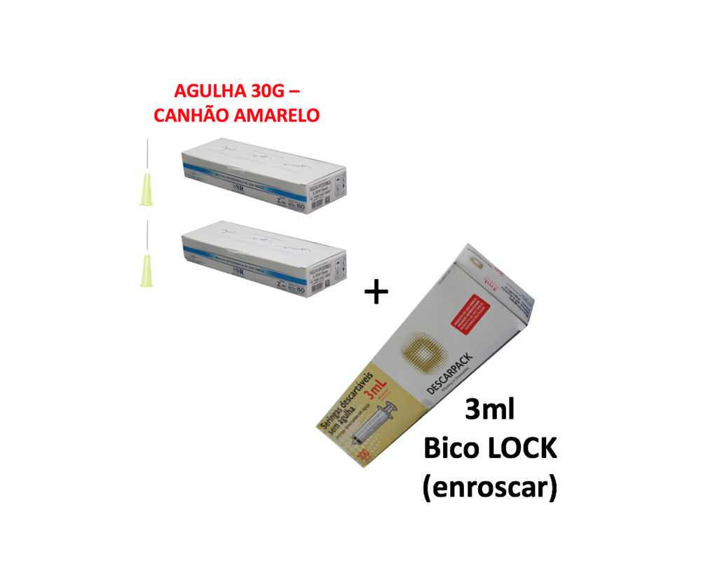 Agulha 30G - 13mm x 0,30mm (200x) - SR + Seringa 3ml sem agulha bico LOCK (100x) - DESCARPACK