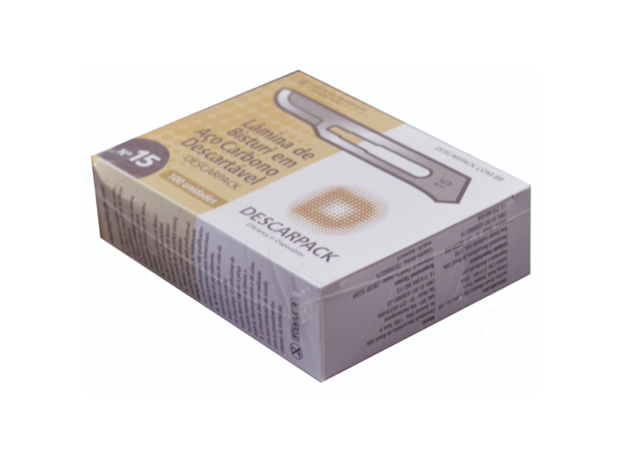 Lâmina de bisturi Número 15 - aço carbono - esterilizada - 100 lâminas - DESCARPACK