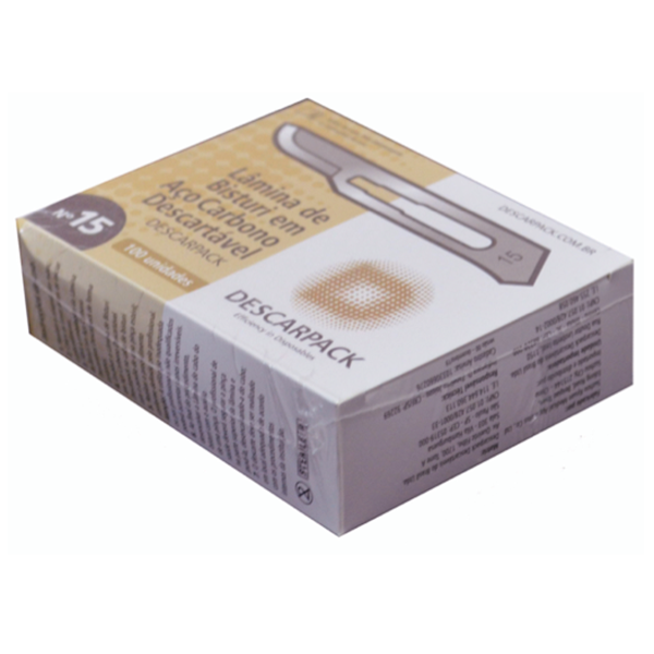 Lâmina de bisturi Número 15 - aço carbono - esterilizada - 100 lâminas - DESCARPACK