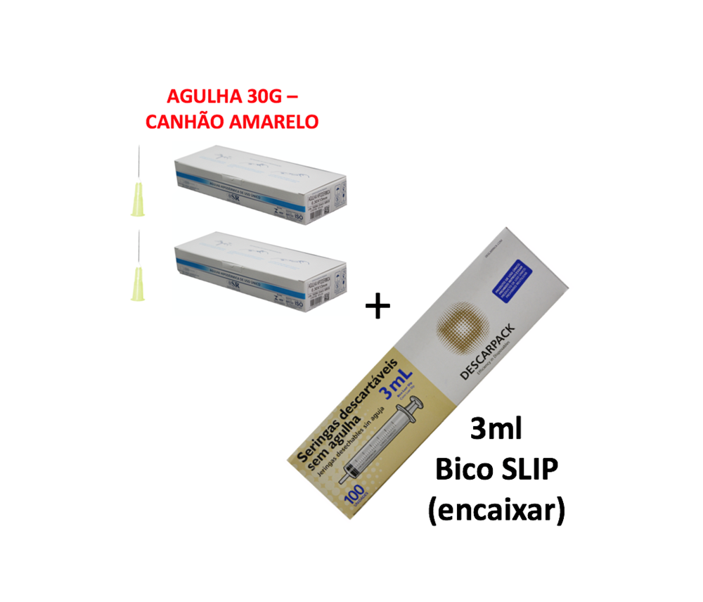 Agulha 30G - 13mm x 0,30mm (200x) - SR + Seringa 3ml sem agulha bico SLIP (100x) - DESCARPACK