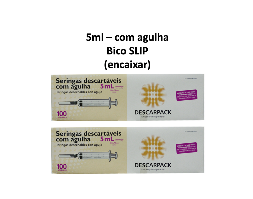 Seringa 5ml com agulha - Bico SLIP (encaixar) - 200 Seringas - DESCARPACK