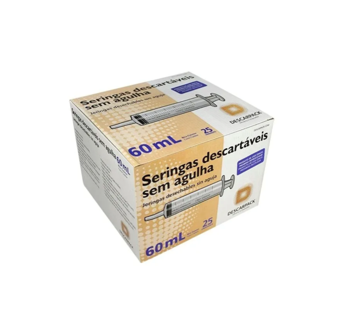 Seringa 60ml sem agulha - Bico CATÉTER - 25 Seringas - DESCARPACK