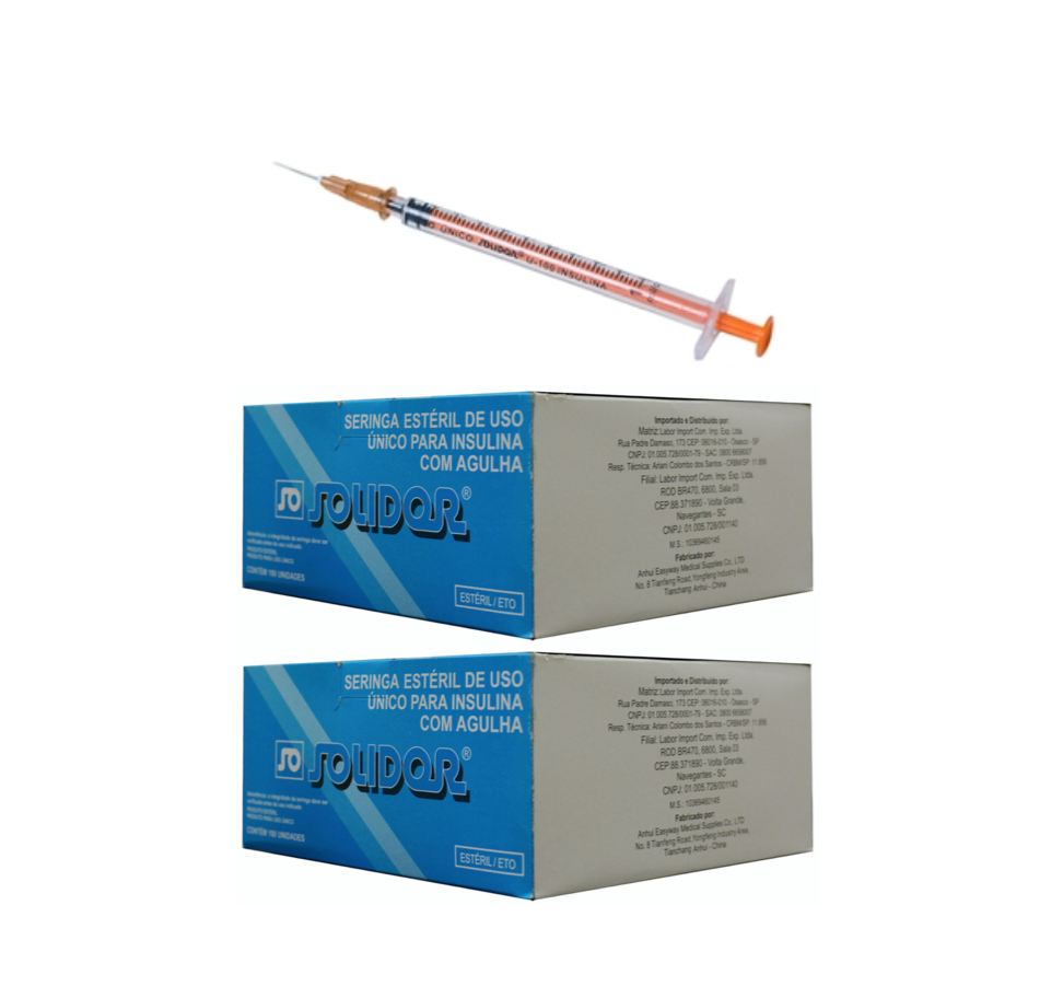 Seringa Insulina 1ml 13mm X 0,45mm (100ui) - Resíduo Zero - 200 Seringas - SOLIDOR