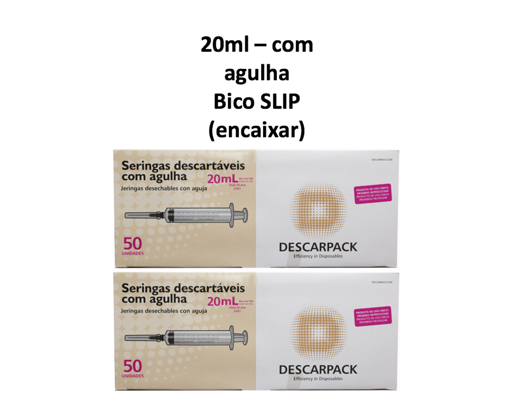 Seringa 20ml com agulha - Bico SLIP (encaixar) - 100 Seringas - DESCARPACK