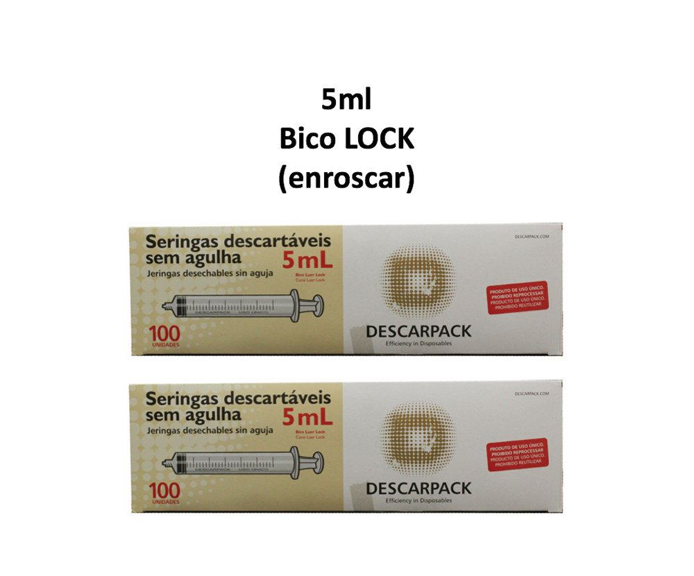 Seringa 5ml sem agulha - Bico LOCK (enroscar) - 200 Seringas - DESCARPACK