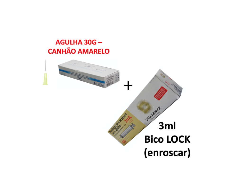 Agulha 30G - 13mm x 0,30mm (100x) - SR + Seringa 3ml sem agulha bico LOCK (100x) - DESCARPACK