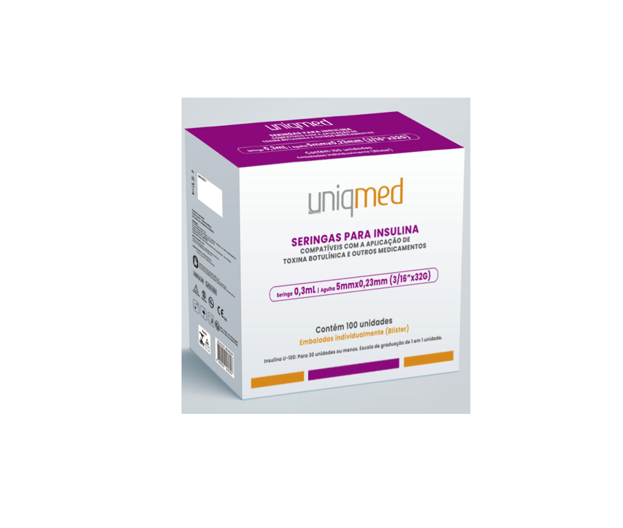 Seringa Insulina 0,3ml 5mm x 0,23mm 32g (30ui) - 100 Seringas - UNIQMED