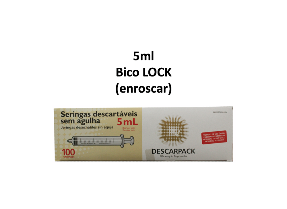 Seringa 5ml sem agulha - Bico LOCK (enroscar) - 100 Seringas - DESCARPACK