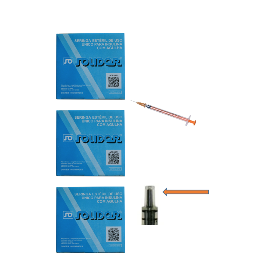 Seringa Insulina 1ml 13mm X 0,33mm (100ui) - Resíduo Zero - 300 Seringas - SOLIDOR