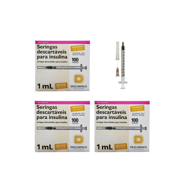 Seringa Insulina 1ml 13mm X 0,45mm (100ui) - Resíduo Zero - 300 Seringas - DESCARPACK