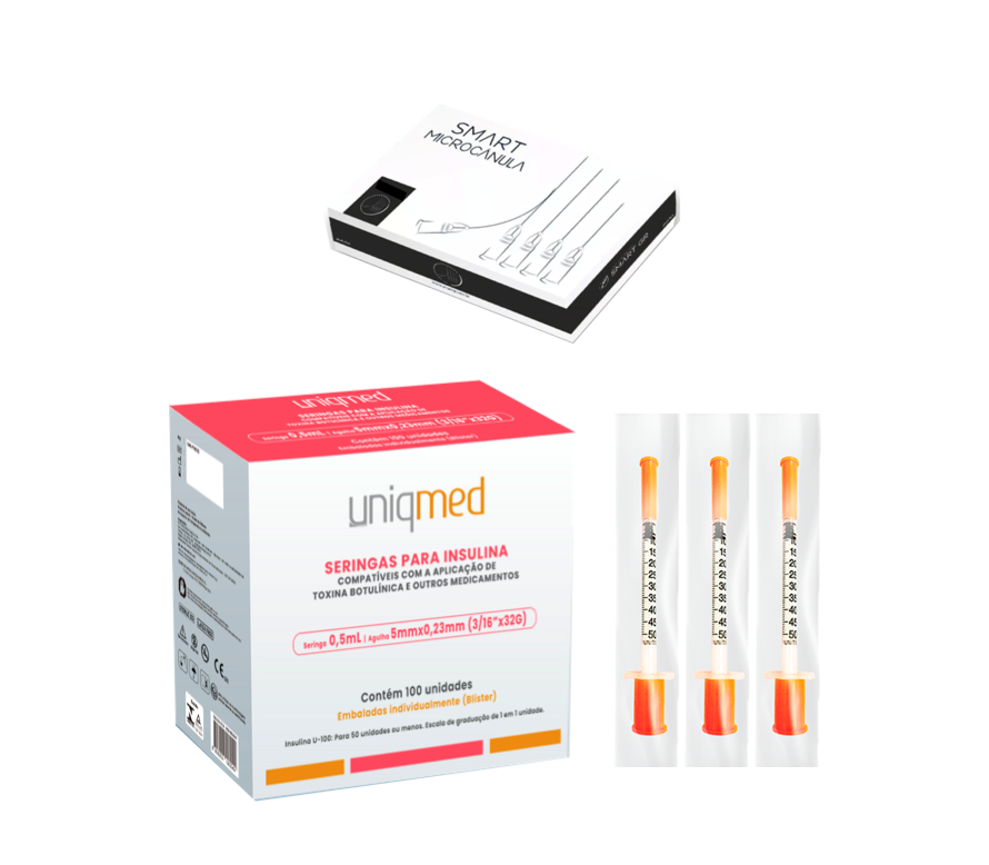 Cânula 22G x 50mm (10x) - SMART + Seringas 0,5ml 5mm x 0,23m (32G) (100x) - UNIQMED
