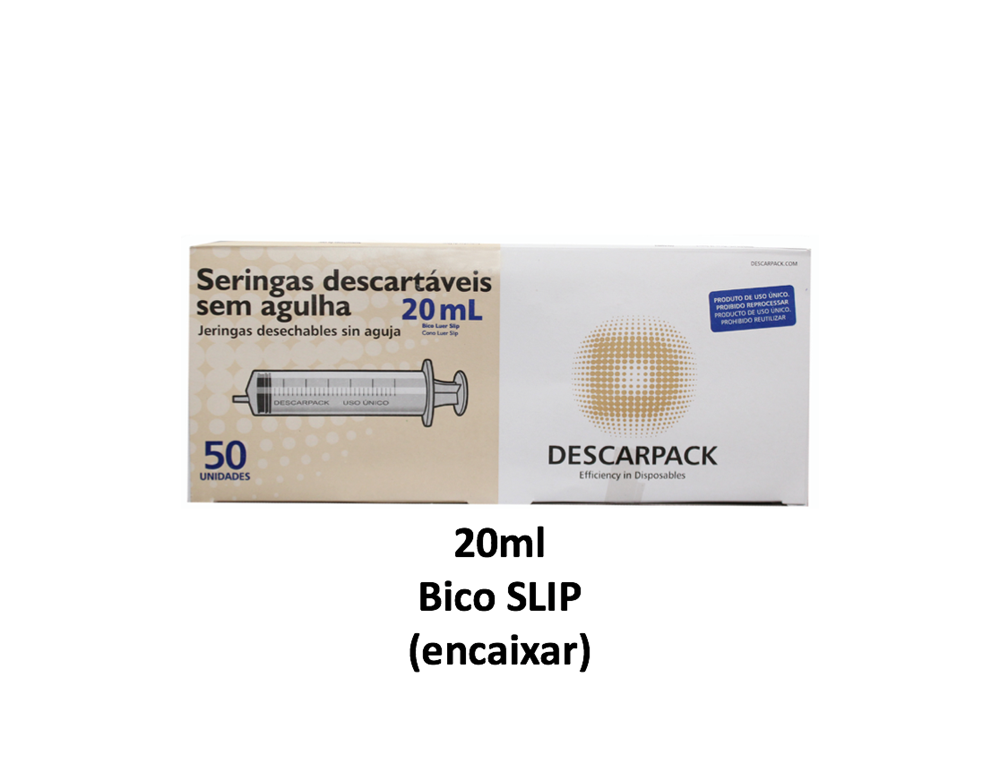 Seringa 20ml sem agulha - Bico SLIP (encaixar) - 50 Seringas - DESCARPACK
