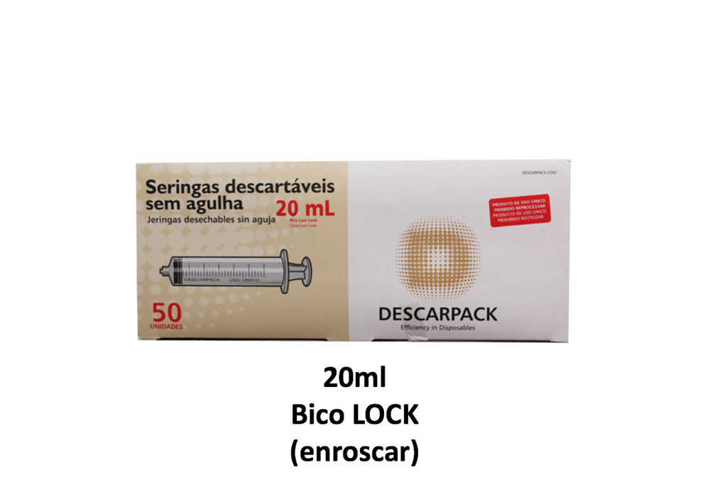 Seringa 20ml sem agulha - Bico LOCK (enroscar) - 50 Seringas - DESCARPACK