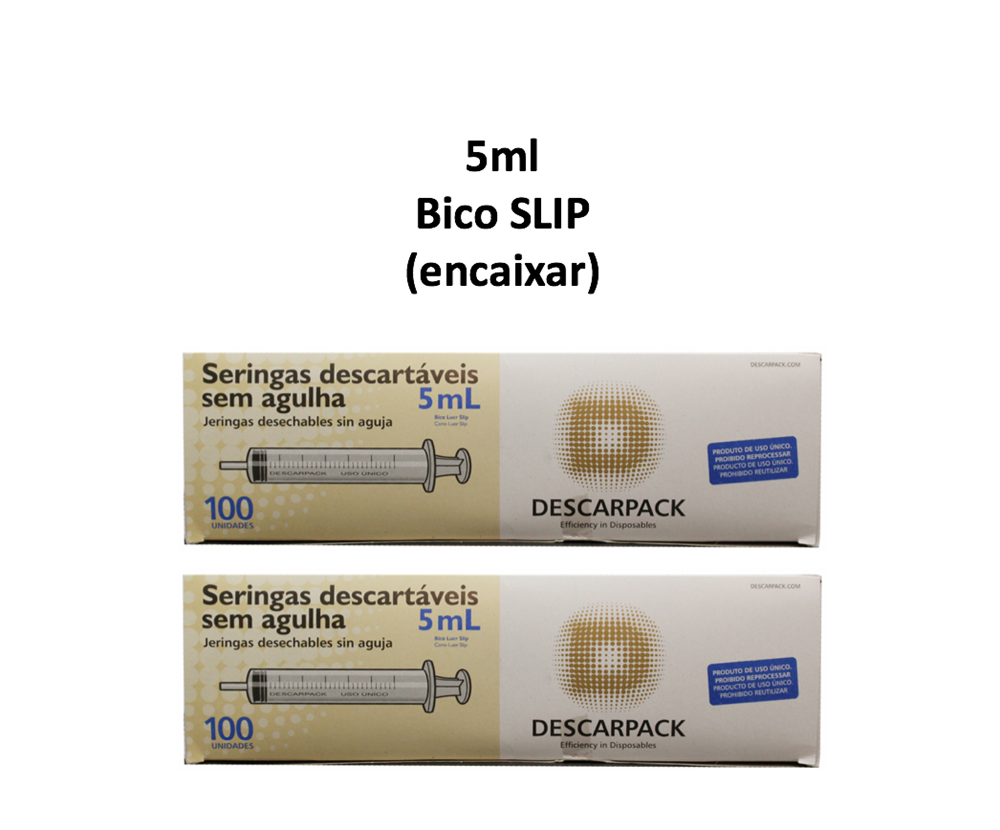 Seringa 5ml sem agulha - Bico SLIP (encaixar) - 200 Seringas - DESCARPACK
