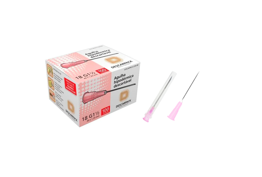 Agulha 18G - 40mm x 1,2mm - 100 agulhas (canhão rosa) - DESCARPACK