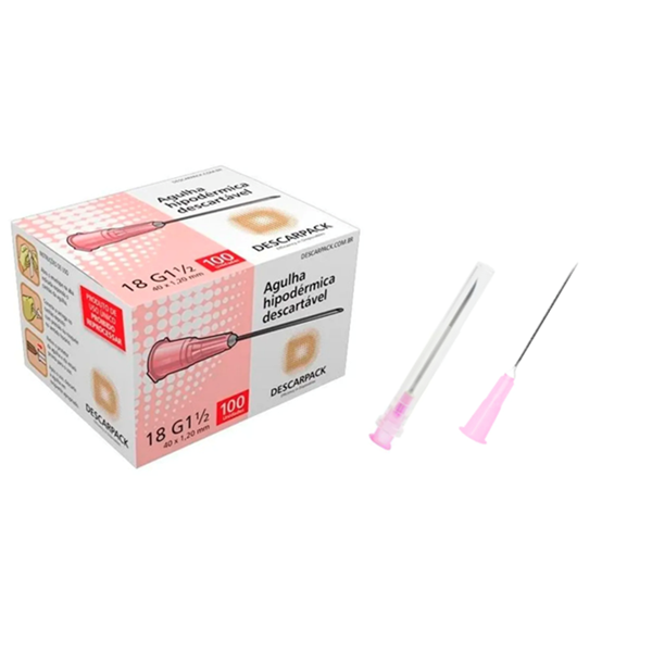 Agulha 18G - 40mm x 1,2mm - 100 agulhas (canhão rosa) - DESCARPACK