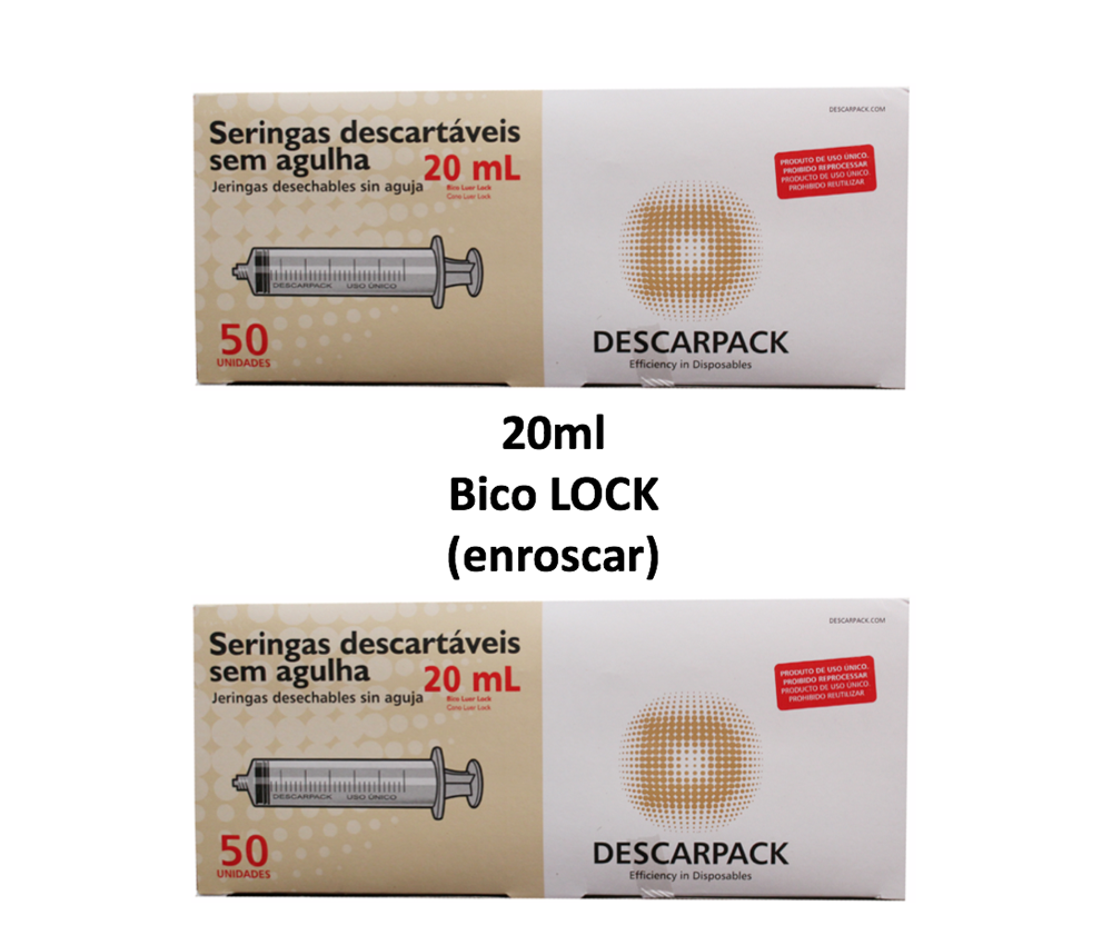Seringa 20ml sem agulha - Bico LOCK (enroscar) - 100 Seringas - DESCARPACK