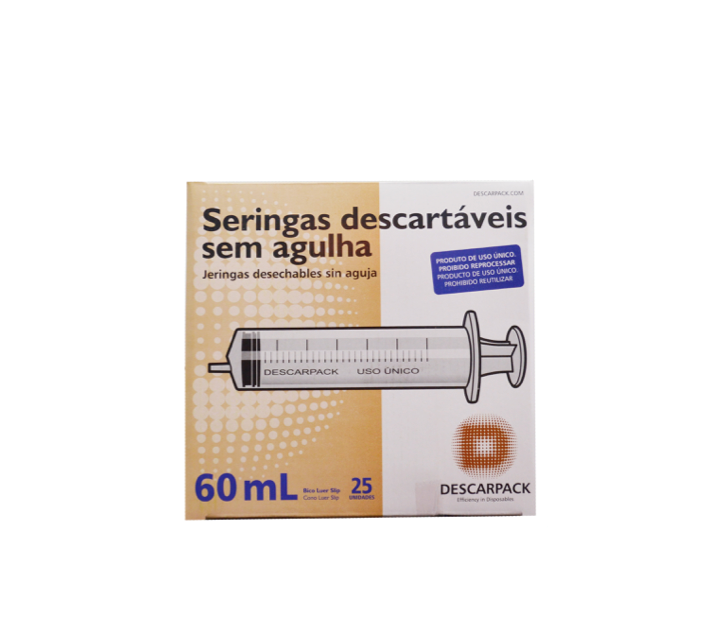 Seringa 60ml sem agulha - Bico SLIP (encaixar) - 25 Seringas - DESCARPACK