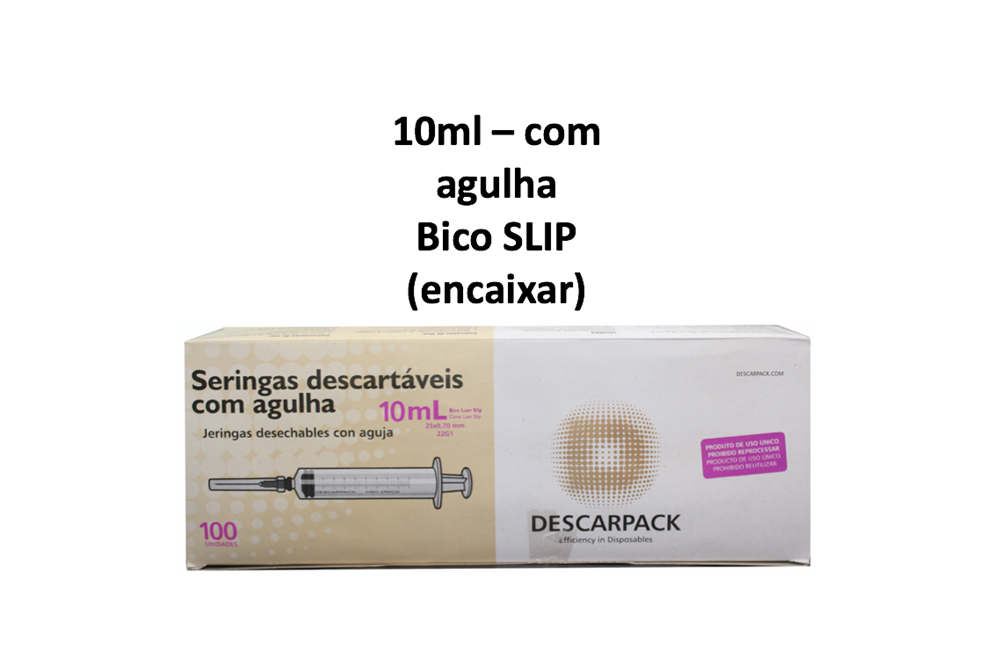 Seringa 10ml com agulha - Bico SLIP (encaixar) - 100 Seringas - DESCARPACK