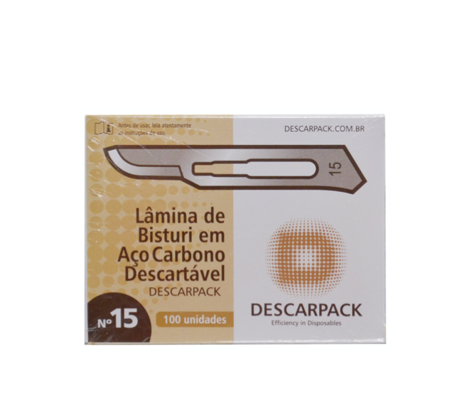 Lâmina de bisturi Número 15 - aço carbono - esterilizada - 100 lâminas - DESCARPACK