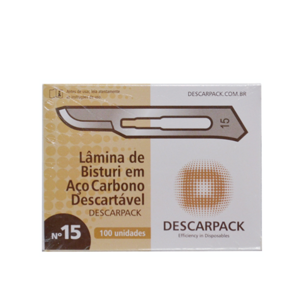 Lâmina de bisturi Número 15 - aço carbono - esterilizada - 100 lâminas - DESCARPACK