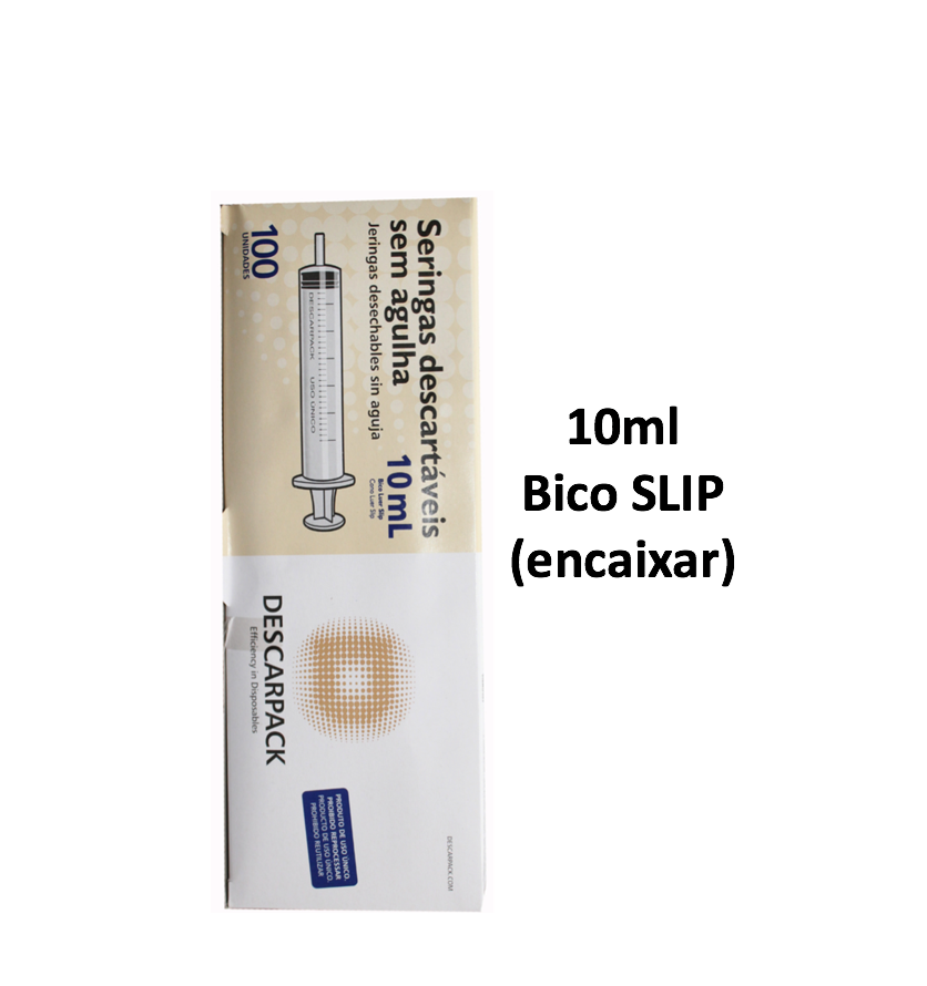 Seringa 10ml sem agulha - Bico SLIP (encaixar) - 100 Seringas - DESCARPACK