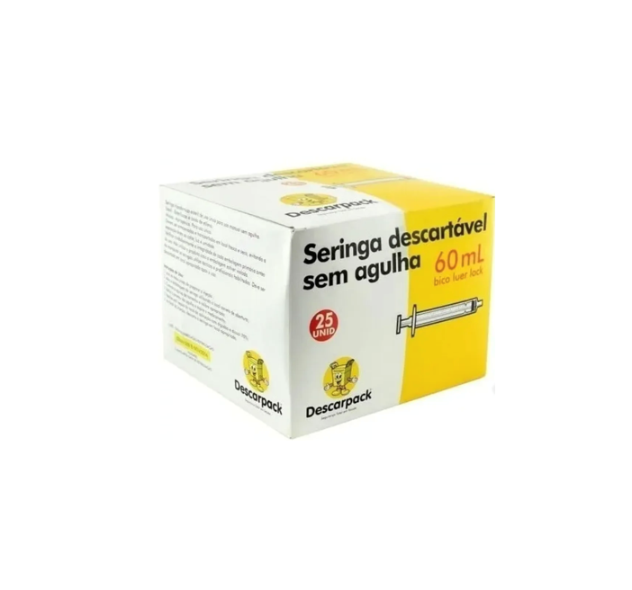 Seringa 60ml sem agulha - Bico LOCK (enroscar) - 25 Seringas - DESCARPACK