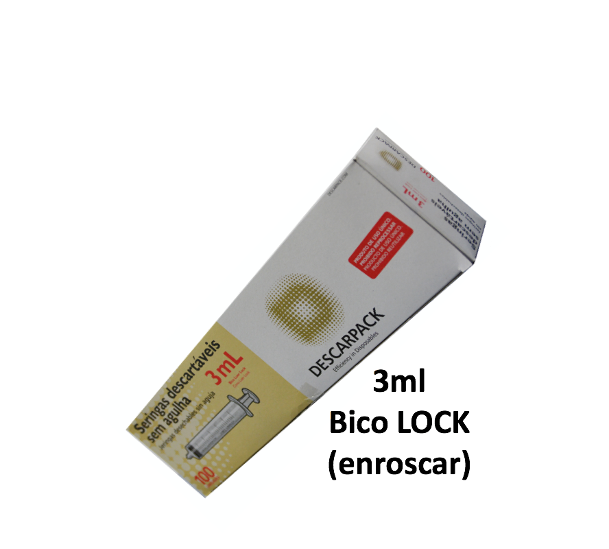 Seringa 3ml sem agulha - Bico LOCK (enroscar) - 100 Seringas - DESCARPACK